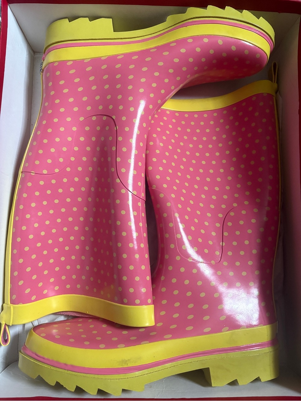 90’s Esprit Pink Polka Dot Rain Boots with Yellow Trim